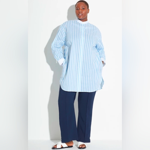 SEE ROSE GO Modern Tunic Shirt Dress Sky Blue and White Striped Size 14-16 - Picture 1 of 16